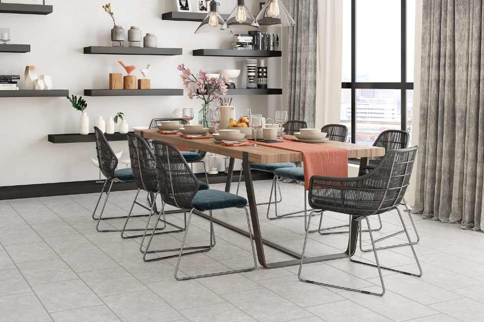 ceramic tile in dining room with floating shelves